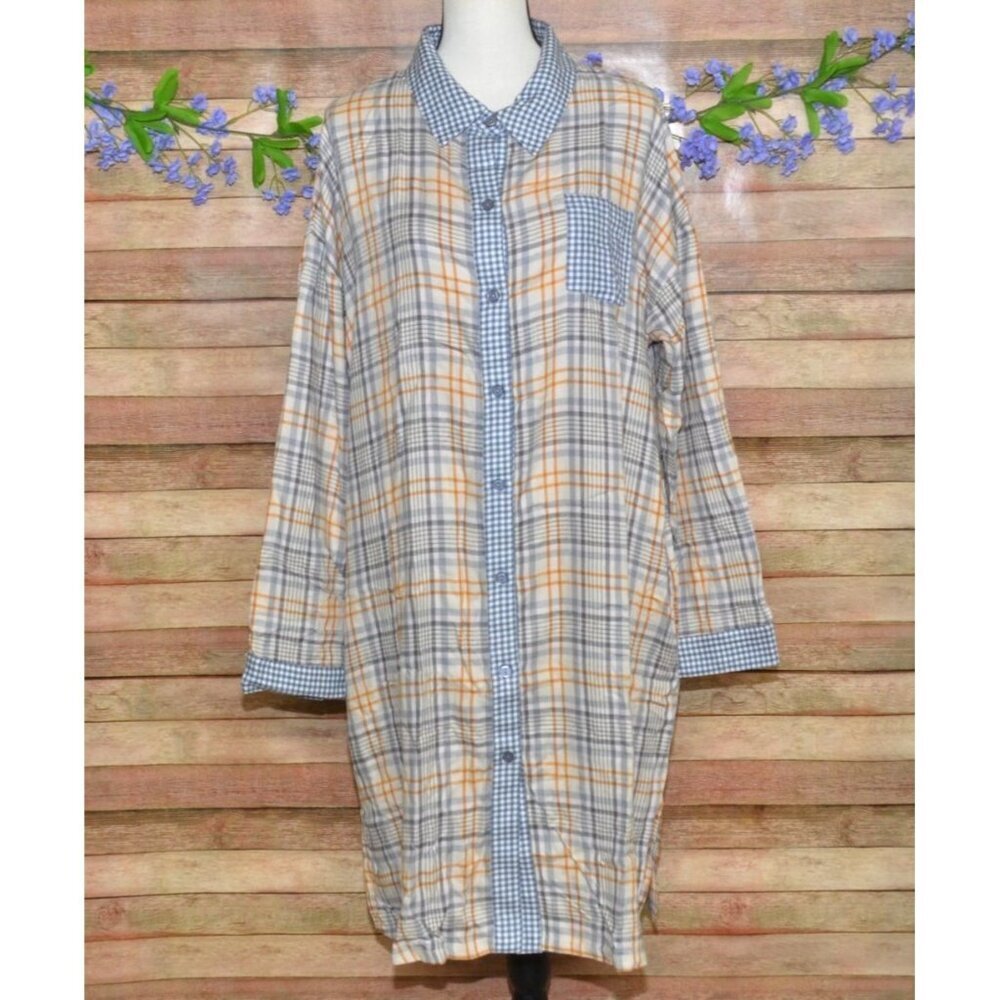 NWT Roudelain Womens XL Long Sleeve Flannel Sleep Shirt Nightgown Plaid Gingham